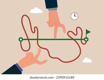 Manager competing with smart businessman running on straight easy way and other on hard messy path.Easy or shortcut way to win business success or hard path and obstacle. Flat vector illustration