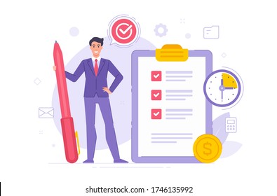 Manager completing tasks in time vector illustration. Flat cartoon confident businessman with pen standing near clipboard with list of fulfilled business tasks during working time