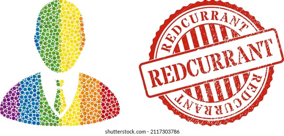 Manager composition icon of round dots in variable sizes and spectrum colored shades. Red rounded scratched watermark with Redcurrant message. A dotted LGBT- colored manager for lesbians, gays,