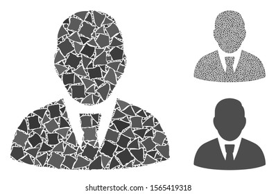 Manager composition of raggy parts in different sizes and color tints, based on manager icon. Vector raggy parts are united into composition. Manager icons collage with dotted pattern.