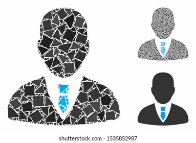 Manager composition of raggy pieces in various sizes and color tinges, based on manager icon. Vector raggy elements are grouped into collage. Manager icons collage with dotted pattern.