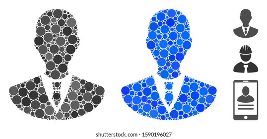 Manager composition of round dots in variable sizes and color tints, based on manager icon. Vector round dots are composed into blue illustration. Dotted manager icon in usual and blue versions.
