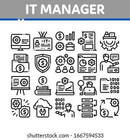It Manager Developer Collection Icons Set Vector. It Manager Badge And Binary Code, Web Site Development And Programming Concept Linear Pictograms. Monochrome Contour Illustrations