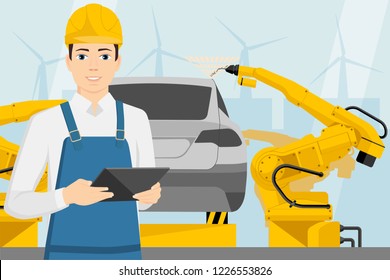 A manager with a digital tablet controls the welding robots on the car assembly line. Smart factory. Vector illustration