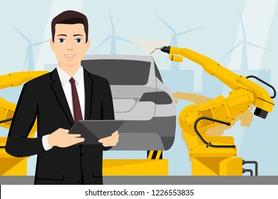 A manager with a digital tablet controls the welding robots on the car assembly line. Smart factory. Vector illustration