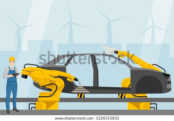 A\
manager with a digital tablet controls the welding robots on the\
car assembly line. Smart factory. Vector\
illustration