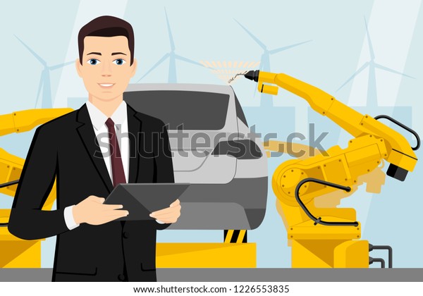 A\
manager with a digital tablet controls the welding robots on the\
car assembly line. Smart factory. Vector\
illustration