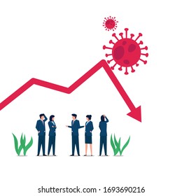 Manager discuss about falling graph as impact of corona virus metaphor of loss. Business flat vector concept illustration for Wallpaper, Banner, Background, Infographic, Book, And Web Landing Page.