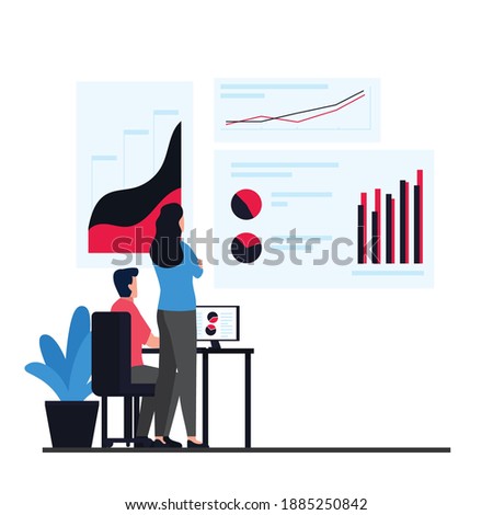 Manager discusses infographic with employee. Data information metaphor.