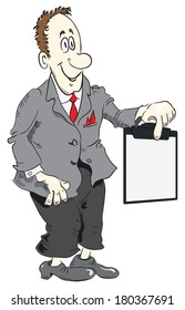 Manager displays information on a clipboard. Vector illustration.