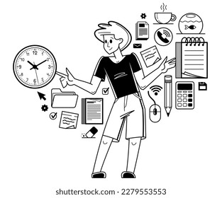 Manager doing office work vector outline illustration, career in company for employee, business and paperwork, office worker.