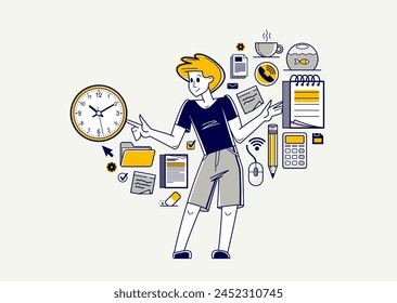 Manager doing office work vector outline illustration, career in company for employee, business and paperwork, office worker.