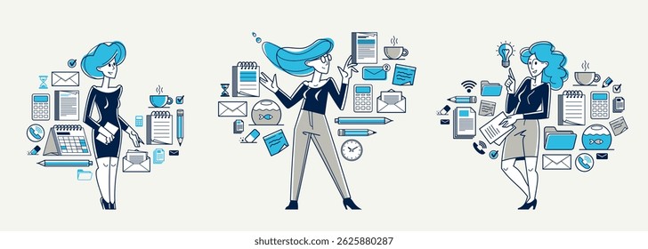 Gerente que faz o conjunto de ilustrações do vetor de trabalho de escritório, carreira na empresa para funcionário, negócios e papelada, trabalhador de escritório.