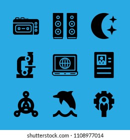 manager, dolphin, laptop, resume, night, recorder, speaker, chemical weapon and microscope vector icon. Simple icons set
