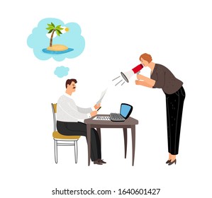 Manager dreaming about beach. Office worker keep calm when lady boss screaming. Vacation dreams vector illustration