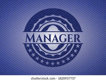 Manager-Emblem mit denim hochwertigen Hintergrund. Vektorgrafik. Detaillierte Angaben. 