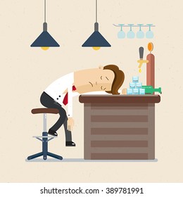 Manager or employee in a bar on Friday. Drunk man lying on a bar counter. Illustration, vector EPS 10