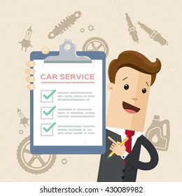 Manager or employee of car service center is holding checkList in his hand. Vector, flat