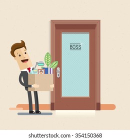 Manager. employee, clerk. A manager been promoted moved to a new office. Illustration, vector EPS10.