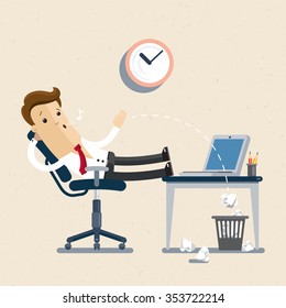 Manager. employee, clerk, office worker. A manager sits in the chair, his feet on the table, whistling and idling. Flat, illustration, Vector EPS10.