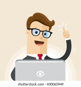 Manager or employee with  glasses is working a laptop. Illustration of idea, solution. Vector, flat