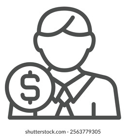 Manager employee man with coin line icon, financial advice concept. Vector graphics. Human male with dollar sign on white background, outline style icon for mobile or web design