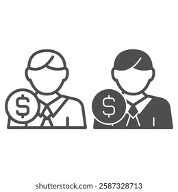 Manager employee man with coin line and solid icon, financial advice concept. Vector graphics. Human male with dollar sign on white background, outline style icon for mobile or web design