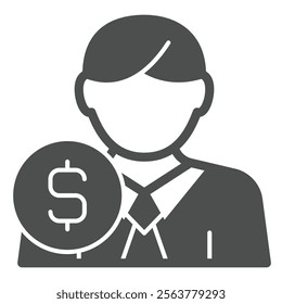 Manager employee man with coin solid icon, financial advice concept. Vector graphics. Human male with dollar sign on white background, glyph style icon for mobile or web design