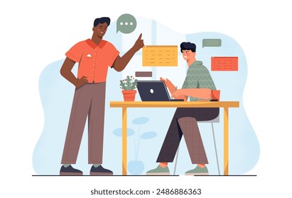 Manager with employee. Man gives instructions to subordinate. Organizing efficient work process. Task managements and teamwork. Business conversation. Flat vector illustration