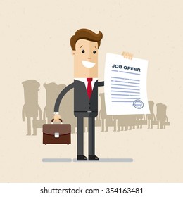 Manager, employee. A man in a suit holds a job offer. Illustration, vector EPS10.