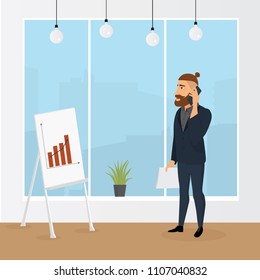 Manager, employee. A man in a suit talking on the phone. Illustration.