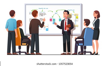 Manager employee presenting new business strategy project to higher rank executives or directors board members man & woman bosses. White board diagram presentation. Flat vector illustration