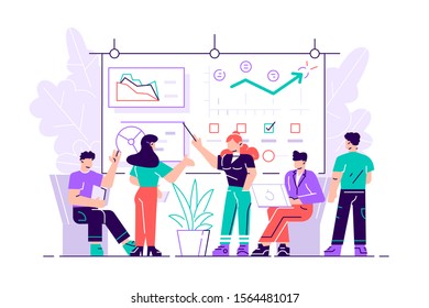 Manager employee presenting new business strategy project to higher rank executives or directors board members man & woman bosses. White board diagram presentation. Flat style vector illustration