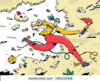 Manager employee search staff with a torch. Vector. A running businessman runs through the wall. The teacher brings knowledge to the world. Sales Manager. Developer programmer.