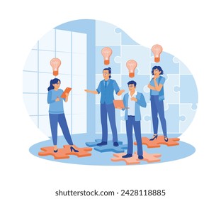 Gerente y empleado de pie en el rompecabezas. Buscando nuevas soluciones de ideas en la empresa. Concepto de idea de negocio. Ilustración vectorial plana.