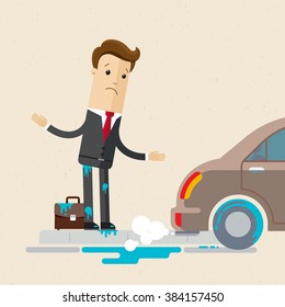 Manager or employee is unlucky. A car splashed a man in a suit  with mud.  Illustration, vector EPS 10 