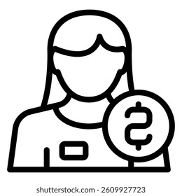 Manager employee woman with coin line icon, financial advice concept. Vector graphics. Woman with coin sign on white background, style mobile or design
