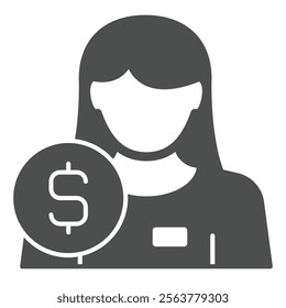 Manager employee woman with coin solid icon, financial advice concept. Vector graphics. Human female with dollar sign on white background, glyph style icon for mobile or web design