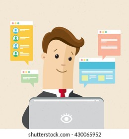 Manager or employee is working a laptop. Communication, chat, messages, social networks. illustration of online communication and work. Vector, flat