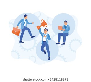 Gerente y empleado trabajando juntos en la oficina moderna. Desarrollar el marketing para alcanzar los objetivos de negocio. Concepto de marketing. vector plano ilustración moderna 
