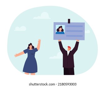 Manager or employer holding ID card of new worker. Employee getting identification card flat vector illustration. Employment, recruitment, identity concept for banner, website design or landing page