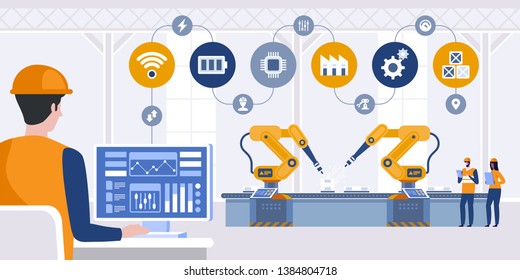 Manager engineer check and control automation robot arms machine in intelligent factory industrial on real time monitoring system software. Industry 4.0 concept. Vector illustration