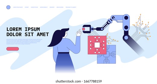 Manager engineers check and control automation robot arms machine in intelligent factory industrial on real time monitoring system software. Automate wireless robotic arm in smart factory. Vector