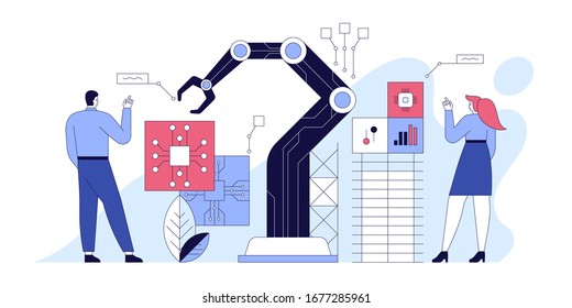 Manager engineers check and control automation robot arms machine in intelligent factory industrial on real time monitoring system software. Automate wireless robotic arm in smart factory. Vector