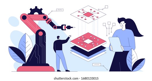 Manager engineers check and control automation robot arms machine in intelligent factory industrial on real time monitoring system software. Automate wireless robotic arm in smart factory. Vector