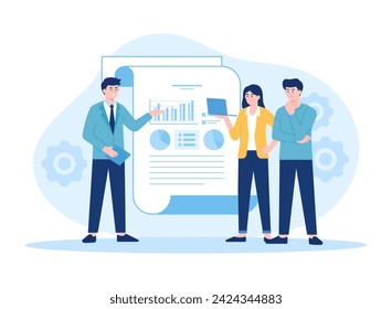 Manager explains statistics to employees. charts  companies  business analysis and marketing trending concept flat illustration