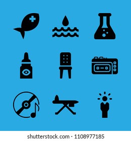 manager, eye drops, fish, water, ironing board, compact disc, chair, chemistry and recorder vector icon. Simple icons set