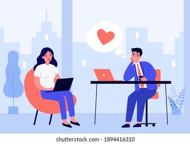 Manager falling in love with colleague. Thought bubble, heart symbol, office dating. Flat vector illustration. Romance, corporate relationship concept for banner, website design or landing web page