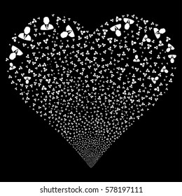 Manager fireworks with heart shape. Vector illustration style is flat white iconic symbols on a black background. Object heart organized from confetti icons.