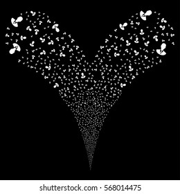 Manager fireworks stream. Vector illustration style is flat white iconic symbols on a black background. Object double fountain organized from random design elements.